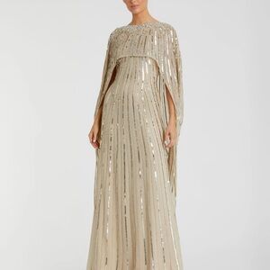 Mac Duggal Gold Embellished Cape Gown (champagne color)